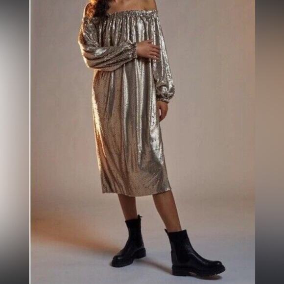 Mare Mare x Anthropologie Calliope Gold Sequined Midi Dress Medium NEW - Picture 5 of 13